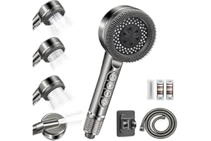 ARBUDSPRO High Pressure Shower Heads, Hard Water Filter Shower Head with 1.5m Shower Hose and Shower Stand, 4 Mode Power Shower Head with Pause Switch, Shower Pro Head Showerhead with Water Filter,Grey