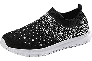 YPKSAJEG Glitter Sports Shoes Women's Mesh Breathable Trainers - Women's Slip-On Trainers with Rhinestones Soft Lightweight Slip On Shoes Memory Foam Casual Shoes Comfortable Non-Slip Fitness Shoes