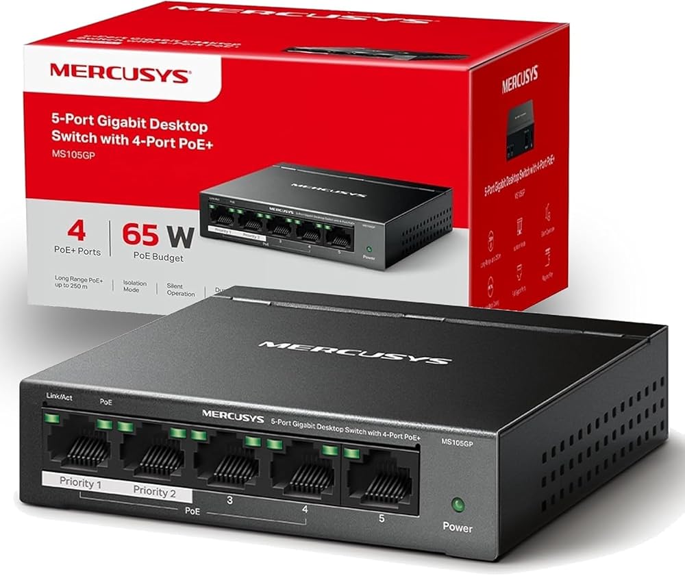 Mercusys MS105GP, 5-Port Gigabit Desktop Switch with 4-Port PoE+