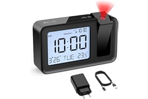CHEREEKI Reloj Despertador Proyector, Despertador Proyección Digital, Reloj Proyector Techo con Temperatura Interior Fecha, Repetición, 4 Brillos Ajustables para Dormitorio(Adaptador Incluido)