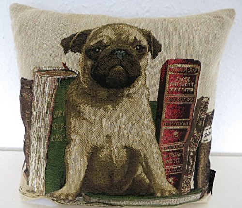Gobelinkissen klein - Mops Hund - Nostalgie Zierkissen Kissen ca 24x24 cm - Landhauskissen Sofakissen Couchkissen Dekokissen mit Inlett