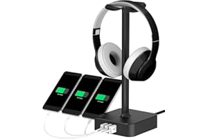 ALACOO RGB Headphone Stand with USB Charger Port Desktop Gaming Headset Holder with 3 USB Charger for Home and Office and Gaming, DJ, Wireless Earphone Display,Headphone Hook (black)