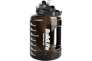 BuildLife Borraccia sportiva, 2,5 l, a prova di perdite, con indicatore del tempo, con coperchio 2 in 1, senza BPA, per palestra (2500 ml, nero)