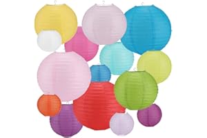 TTKTK 16 PCS Paper Lanterns Round Colorful Paper Lantern with Wire Ribbing, Different Sized Colorful Lampshades, 6" 8" 10" 12"Paper Lampshades for Weddings, Parties, Celebrations, Patios