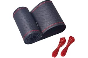 Onerbuy Universal Leather Car Steering Wheel Stitch on Wrap Cover DIY Couture Respirant et Anti-Glissement, 15 Pouces (Noir/Rouge)