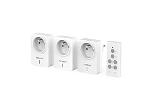 TESSAN Prise Télécommandée Sans Fil, Portée de 30M, 2300W Prise Programmable avec Interrupteur, Préprogrammé Interrupteur Sans Fil pour Lampe et Électroménager (1 Télécommande + 3 Connecteurs)
