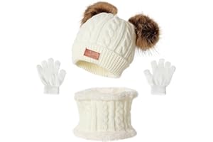 TBSCWYF Gorro de Punto Invierno Térmico con Guantes y Bufanda Forro Polar Niños Set Beanie Gorro Sombrero de Punto Invierno Cálido con Pompon para Niños Niñas