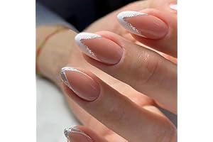 ROWJOW 24pcs French Tip False Nails Short Oval White Glitter Silver Edge Stick on nails Press on Nails Removable Glue-on Nails Fake Nails Set Acrylic Full Cover Nails Women Girls Nail Art Accessories