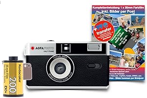 ANTONKUNZE AgfaPhoto - Fotocamera analogica da 35 mm, formato 1/2, colore nero, in set con pellicola negativa a colori + batteria + negativo + sviluppo di immagini per posta