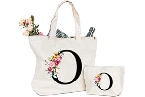SINEKONG Personalizzata Iniziali Borsa Tela Donna con Lettere e Fiori Cotone Canvas, Cosmetica per Sposa Damigella - Idea Regalo Mamma, Compleanni, Matrimonio(O)