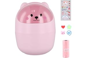 PTJJXA Poubelle de Table, Mini Poubelle de Bureau avec Couvercle, Mini Amovible Porte Stylo Mignon, Belle Corbeille à Papier, Plastique Poubelles de Maquillage (Rose+autocollantsx2 types+sac poubelle)