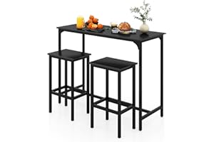 GiantexUK 3PCS Bar Table Set, Metal Frame Breakfast Bar Set with Spacious Tabletop, H-Shaped Structure & Footrests, Industrial Counter Height Table and Stools for Dining Living Room (Black)