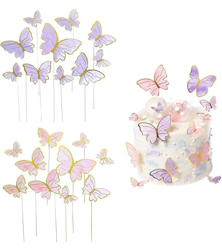 61 Decorazioni Per Torta Compleanno, Farfalle 3D Rosa E Viola Con Bastoncini, Topper Farfalle Per Cupcake, Set Completo Con Scritta Happy Birthday