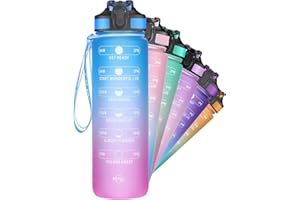 ETDW Bottiglia d'acqua da 1 litro con cannuccia e coperchio ribaltabile a tenuta stagna, 1000 ml Tritan Bicicletta Bottiglie con Indicatore Tempo Senza BPA per Ciclismo, Corsa, Palestra, Yoga