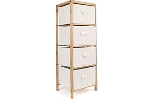 THE SECRET HOME - Mueble Auxiliar de Madera - Cajonera de 4 Cajones en Madera y Tela – Color Marrón y Beige - Mueble Organizador para Baño, Cocina, Salón, Dormitorio