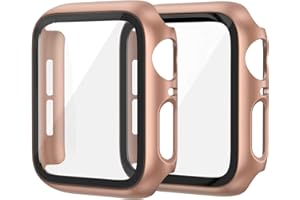 EDIMENS 2 Pack Hard PC Case Compatible with Apple Watch 44mm Series 6 / SE / 5/4 Women Men, Overall PC Case Slim Tempered Glass Screen Protector Protective Cover for Apple iWatch 44mm SE Rose Gold