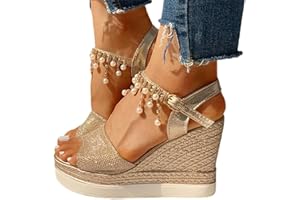Minetom Sandale Femme Talon Compensé Chunky Chaussure Sandale Plateforme Cheville Perle Strass Talon Plateforme Sandales