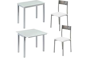 MOMMA HOME Conjunto Mesa de Comedor y 2 Sillas Color Blanco - Mesa Modelo Londres, Silla Modelo Tabarca - Mesa Extensible - con Dos Alas de Cristal - Muy Versátil - Diseño Moderno