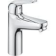 GROHE Swift QuickFix – 1 Lever Basin Mixer with Plastic Push-Open Waste Set (M-Size 179 mm, 28 mm Ceramic Cartridge, Water Saving, Tails 3/8 Inch, Easy to Fit with GROHE QuickTool), Chrome, 24326001