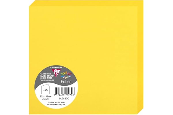 Clairefontaine 2823C - Paquet de 25 Cartes Doubles - Format Carré 13,5x13,5cm - 210g/m² - Coloris Jaune Soleil - Cartons d'Invitation Evènements et Correspondance - Gamme Pollen - Papier Premium Lisse