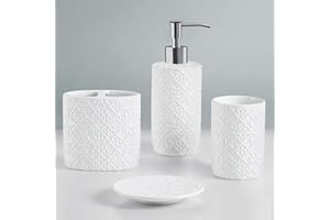 Martha Stewart Ceramic Bathroom Accessories Set, Vanity Decor Storage Organizer, Embossed Damask Medallion, Lotion/Soap Dispenser, Toothbrush Holder, Tumbler, Trinket Dish, Assorted Sizes White