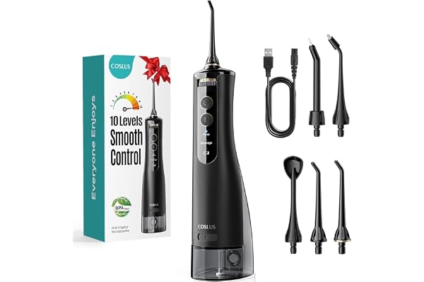 COSLUS Hydropulseur jet Dentaire Portable Dentaire Irrigateur Oral, 300 ML Sans Fil Hydropulseur 10 niveaux de contrôle doux, Rechargeable et Étanche IPX7 Vainqueur du Test, Noir