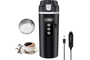 PORFOYO Auto Reise Elektrischer Wasserkocher, DC 12V/24V Klein, Mini Wasserkocher mit LCD-Anzeige, Auto Heizbecher aus Edelstahl mit Temperaturregelung für Lkw Camping