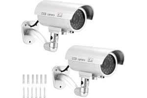 QWORK® 2 Pack Silver Dummy Security Cameras with Red Flashing Light, Waterproof Bullet Shape, Outdoor Indoor Use, Includes CCTV Signs and Screws