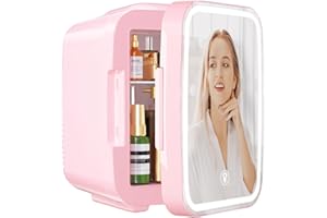 YASHE Mini-Kühlschrank für Schlafzimmer, Skincare mit LED-Spiegel, kleiner Kühlschrank, 4 l, tragbar, Thermoelektrisch, Heizung & Kühler, 220 V AC/12 V DC, für Auto, Büro, Schlafsaal (Rosa)