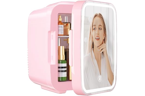 YASHE Mini Frigo pour Chambre, Frigo Skincare avec Miroir LED, Petit Frigo de 4L Portable, Thermoelectrique Chauffe & Refroidisseur 220V AC / 12V DC pour Voiture, Bureau, Dortoir (Rose)