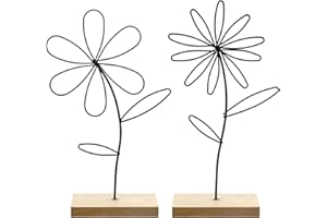 VOSSOT Aufsteller Blume 2er Set Premium Metall-Blume auf Holz-Sockel, Dekoaufsteller Blumen Arrangement Ornamente, Metallring Blumen Dekoring, Deko-Blume aus Metall zum Hinstellen und Verschenken