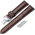 Leather Watch Strap Replacement Alligator Grain Calf Leather Band Deployment Buckle with Push Buttons for Men Women 18mm 19mm 20mm 21mm 22mm 24mm