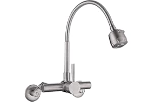 HomeLava Robinet Rotatif à 360 ° Robinet mural de Cuisine en acier inoxydable évier mural Mitigeur avec ports S Excentrés Distance des trous de montage 70-230 mm