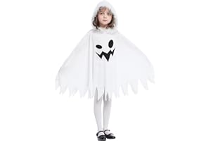 GEMVIE Disfraz de Fantasma Niña,Disfraz de Halloween Ghost blanco capa con capucha,Disfraz de Cosplay de Fiesta de Halloween y Carnaval
