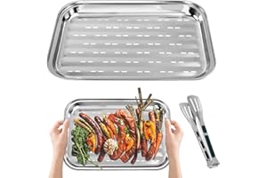 Huucozn 2 Stück BBQ Grillschalen aus Edelstahl mit 1 Grillzange, 34.9 x 24.5 x 2.7 cm Edelstahl Grillkorb Wiederverwendbare Grillschale Grillschale Gemüsekorb Grillpfanne Grillblech für Alle Gasgrill