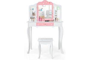 RELAX4LIFE 2 in 1 Toeletta Trucco Bambina con Specchio e Sgabello, Centro di Bellezza, Giocattolo da Trucco, Set Tavolo da Trucco in Legno per 3 4 5 6 Anni (Bianca)