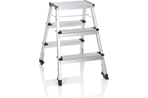 hjh OFFICE 830009 Scala a gradini con rotelle SOLID IV Scala pieghevole in alluminio con 3 gradini, accessibile da entrambi i lati, portata fino a 150 kg