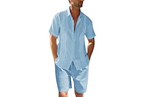RUNCATI Conjunto de 2 piezas de lino para hombre, corte regular, con botones, camisa de playa y pantalones cortos, ropa de verano de manga
