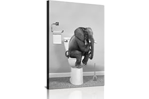 HMDKHI Impressions murales sur toile, en noir et blanc, pour salle de bain - Ensemble d'images amusantes - Éléphant, zèbre, pingouin, girafe, animal dans la baignoire - Décoration de salle de bain - Sans