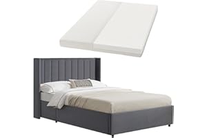 ‎JUSKYS Juskys Polsterbett Savona 120x200 cm mit Matratze, Bett mit Stauraum, Samt-Bezug, Bettgestell aus Holz, bis 250 kg, großes Kopfteil, Dunkelgrau