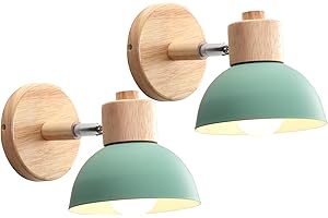 iDEGU 2 Stücke Wandleuchten Moderne Innen Wandlampe aus Holz Metall Halbkreis Lampenschirm E27 Verstellbare Wandspot Vintage Lampe für Schlafzimmer Wohnzimmer (2 Lampen, Grün)