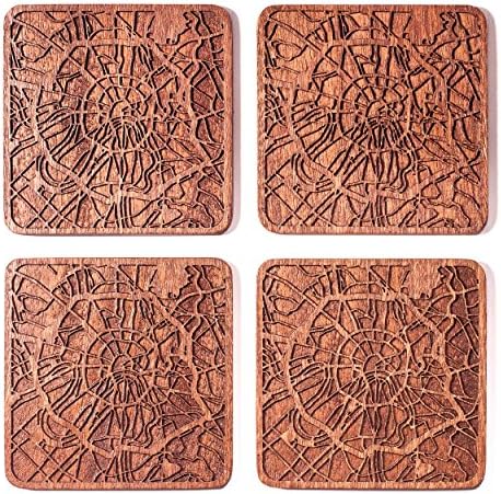 Moscow Map Coaster, Set of 4, Sapele Wooden Coaster with City Map, Handmade