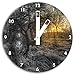 Produktbild herbstliche Landschaft im Morgengrauen B&W Detail, Wanduhr Durchmesser 30cm mit weißen eckigen Zeigern und Ziffernblatt, Dekoartikel, Designuhr, Aluverbund sehr schön für Wohnzimmer, Kinderzimmer, Arbeitszimmer