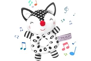 Wolepaz Baby Rattles 0-6 Months, Black and White Soft Rattles Plush Animal Toys, Elephant/Fox Plush Rings Infant First Hand Grip Toys(Cloth Circle Fox), 262-2B