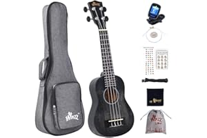 Winzz Ukulele Soprano Adulti Principianti, 21 Pollici Ukulele Bambini Legno, Unico Nero Ukulele Scuola Media Kit, 8 Accessori con Accordatore, Custodia, Tracolla, Corde