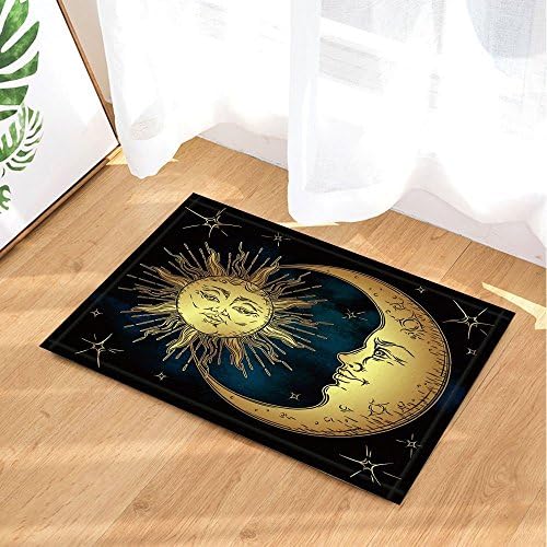 Boho Antique Decor Golden Sun Crescent Moon and Stars Over Blue Black Sky Bath Rugs Non-Slip Doormat Floor Entryways Indoor Front Door Mat Kids Bath Mat 60X40 CM Bathroom Accessories