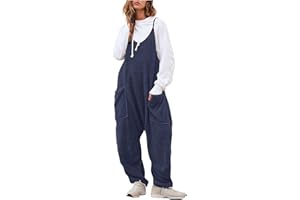 SAXREL Jumpsuit For Women Uk Loose Fitting Jumpsuit Casual Baggy Dungarees Pocket Fleece Dungarees Women Classic Spaghetti Strap Overall Winter Warm Overalls Women Workwear Plush Thick Ladies Overalls Romper