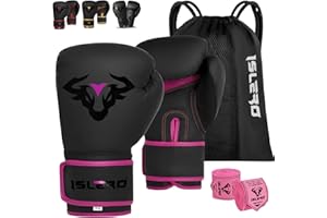 Islero EVO Fitness - Guantoni da boxe da uomo, colore nero opaco, da donna, rosa, MMA, Muay Thai, arti marziali, kick boxing, sparring, allenamento, guanti da combattimento, con fasce per le mani