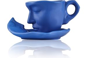 oliruim Tazza da caffè creativa in ceramica con piattino e cucchiaio, tazza da caffè con faccia dal design creativo Thinker (240ml), per tè pomeridiano, tea party, uso domestico(Blu)