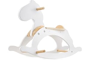 Mamabrum Caballito Balancín para Bebés de Madera - Balancín Infantil 1 Año con Asiento Ergonómico y Reposapiés - Saltador Bebe Seguro hasta 50kg - Diseño CláSico Blanco 70x47cm